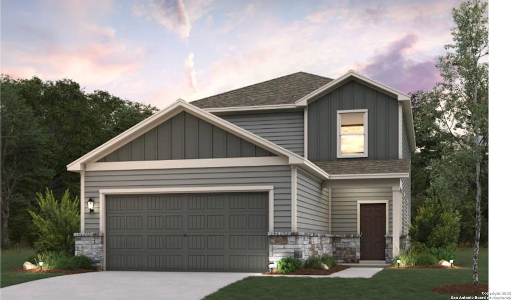 10710 Fairchild Way, San Antonio, TX 78109 - view of front of house featuring stone siding, board and batten siding, roof with shingles, concrete driveway, and an attached garage
