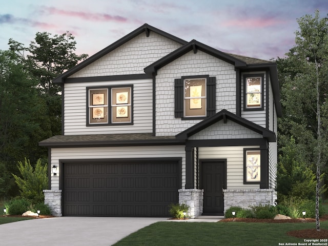 6010 Sendero Rnch, San Antonio, TX 78253 - craftsman house featuring an attached garage, stone siding, and driveway