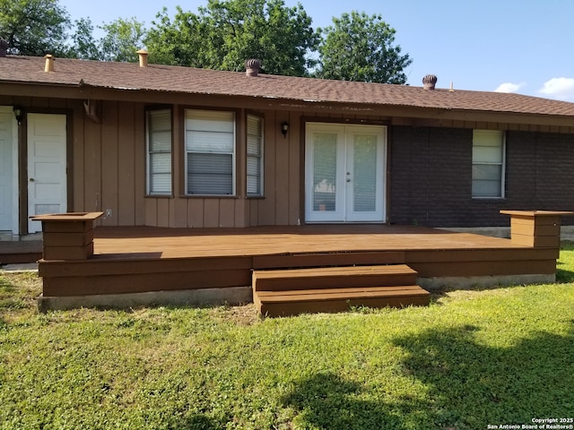 310 Coronet, San Antonio, TX 78216 - rear view of property with a deck, french doors, a lawn, and board and batten siding