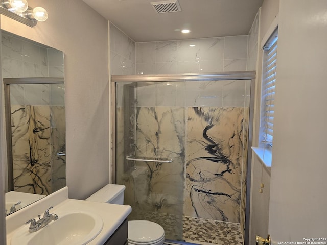 623 Coral Hbr, San Antonio, TX 78251 - full bathroom with vanity, a marble finish shower, and recessed lighting