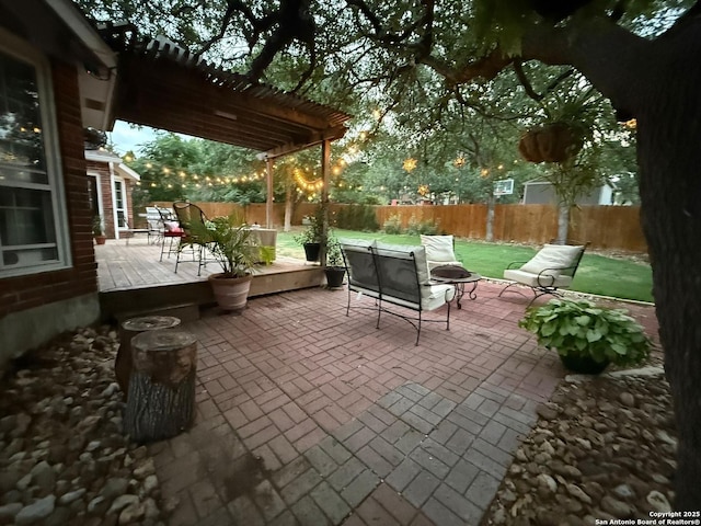 13011 Vidorra Vis, San Antonio, TX 78216 - fenced backyard with a wooden deck, a pergola, and a patio