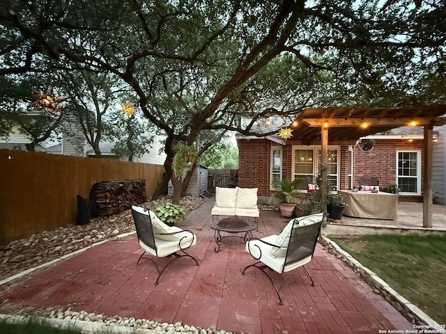 13011 Vidorra Vis, San Antonio, TX 78216 - fenced backyard featuring an outdoor living space with a fire pit, a pergola, and a patio