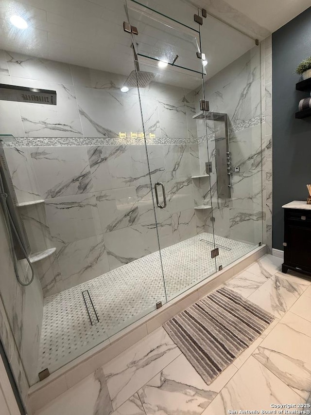 13011 Vidorra Vis, San Antonio, TX 78216 - full bath with marble finish floors, a marble finish shower, and vanity