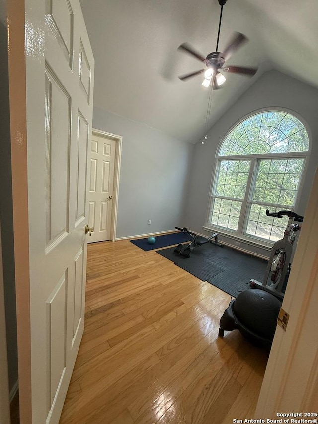 13011 Vidorra Vis, San Antonio, TX 78216 - exercise room featuring lofted ceiling, a ceiling fan, and light wood finished floors