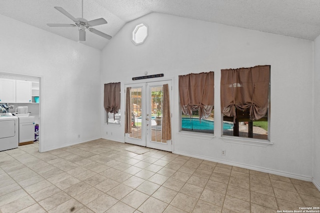 6033 Cammie, Leon Valley, TX 78238 - empty room featuring a textured ceiling, a ceiling fan, high vaulted ceiling, plenty of natural light, and french doors