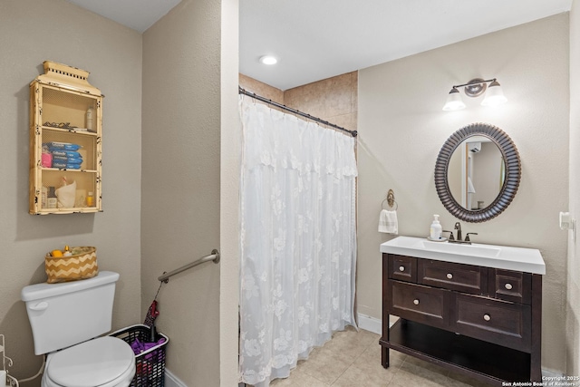 6033 Cammie, Leon Valley, TX 78238 - bathroom with vanity, a shower with shower curtain, and tile patterned flooring