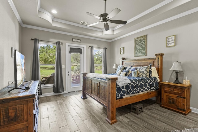 1117 Provence Pl, New Braunfels, TX 78132 - bedroom featuring a raised ceiling, wood finish floors, access to outside, crown molding, and ceiling fan