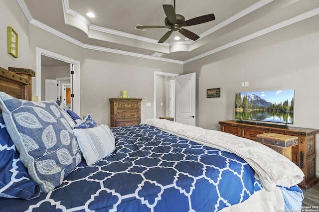 1117 Provence Pl, New Braunfels, TX 78132 - bedroom with a raised ceiling, ornamental molding, wood finished floors, ceiling fan, and recessed lighting