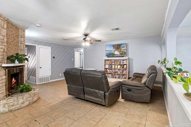 3702 Pipers Fld, San Antonio, TX 78251 - living area featuring ceiling fan and a large fireplace