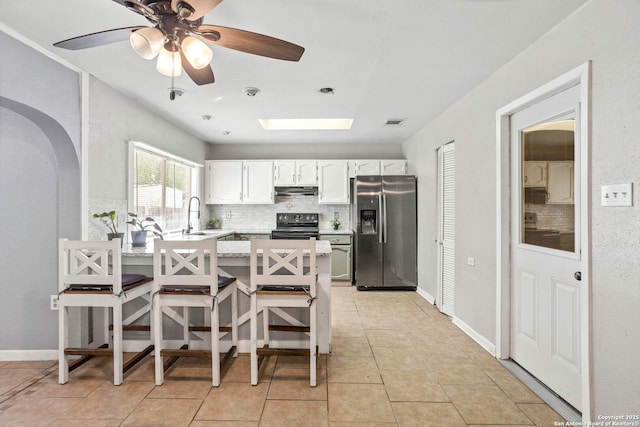 3702 Pipers Fld, San Antonio, TX 78251 - kitchen with stainless steel fridge, black electric range, a peninsula, decorative backsplash, and white cabinetry