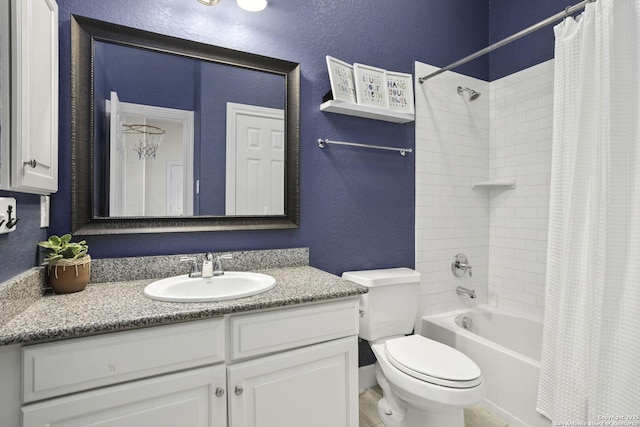 10657 Foxen Way, Helotes, TX 78023 - bathroom with a textured wall, shower / tub combo with curtain, and vanity