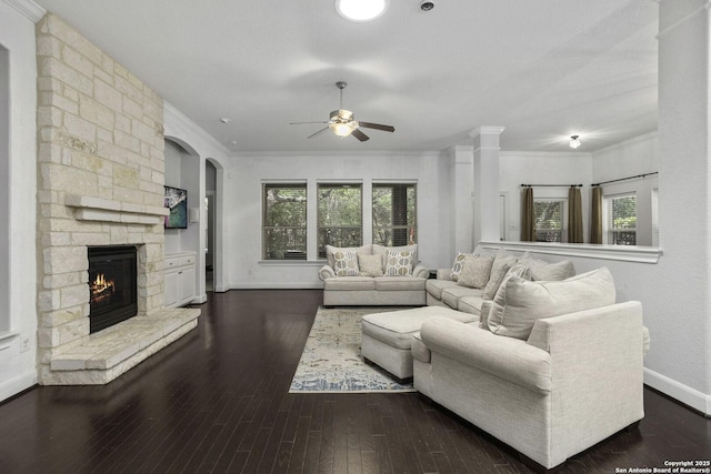 10657 Foxen Way, Helotes, TX 78023 - living area with a ceiling fan, crown molding, plenty of natural light, a fireplace, and wood-type flooring
