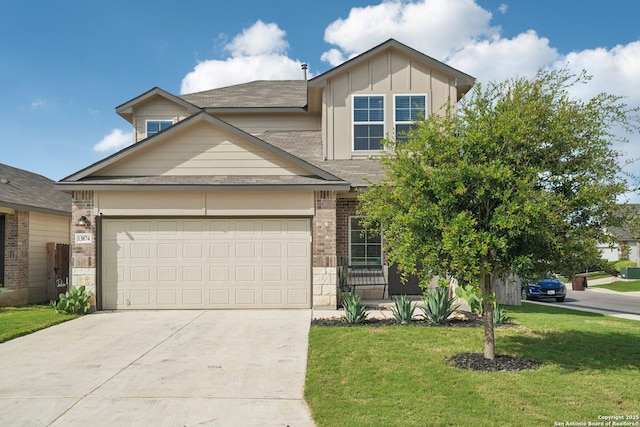 13874 Siltstone, San Antonio, TX 78253 - view of front of property with a front lawn, brick siding, concrete driveway, an attached garage, and board and batten siding