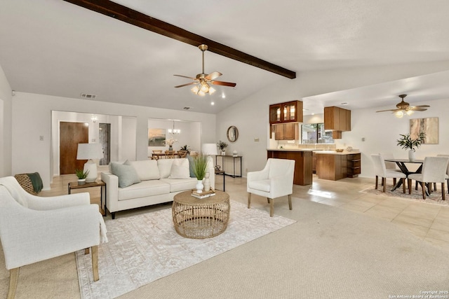 14310 Fox Fire Ln, San Antonio, TX 78231 - living area with a ceiling fan, light colored carpet, and light tile patterned floors