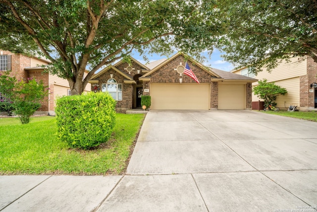 441 Portrush Ln, Cibolo, TX 78108 - view of front of property with brick siding, an attached garage, concrete driveway, and a front lawn