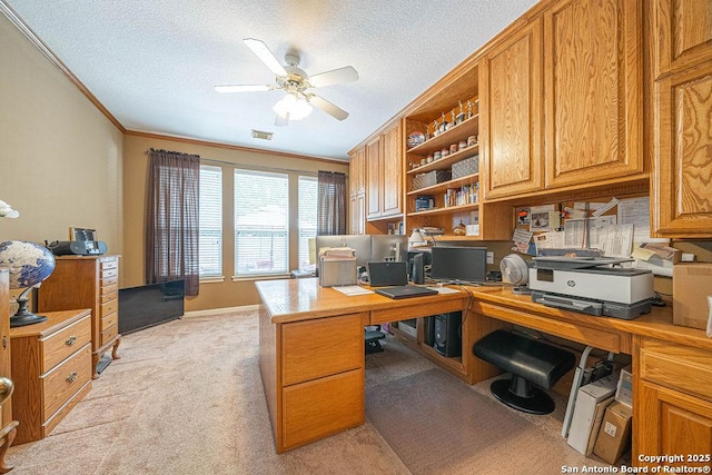 26304 Tiffnilee, San Antonio, TX 78255 - office space featuring light carpet, ceiling fan, crown molding, and a textured ceiling