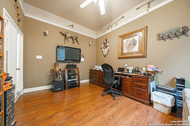 26304 Tiffnilee, San Antonio, TX 78255 - office space with rail lighting, light wood finished floors, ceiling fan, and crown molding