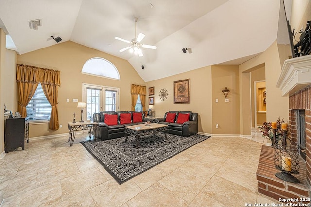 26304 Tiffnilee, San Antonio, TX 78255 - living area featuring ceiling fan, a brick fireplace, and high vaulted ceiling