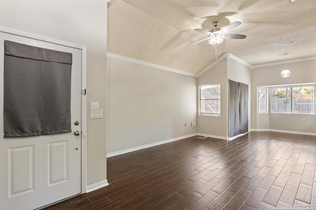 4242 Shady Tree Ln, San Antonio, TX 78247 - entryway featuring a textured ceiling, dark wood-type flooring, ceiling fan, lofted ceiling, and ornamental molding