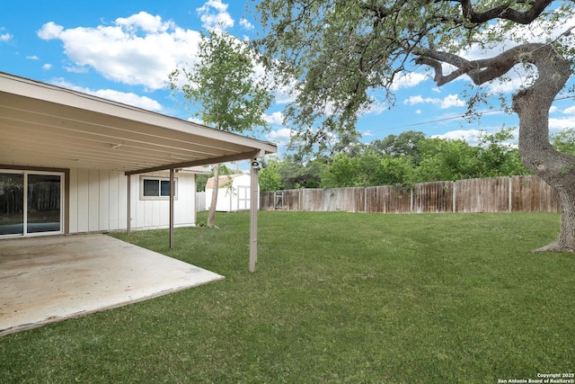 5807 Sun Rdg, San Antonio, TX 78247 - fenced backyard featuring a storage shed and a patio