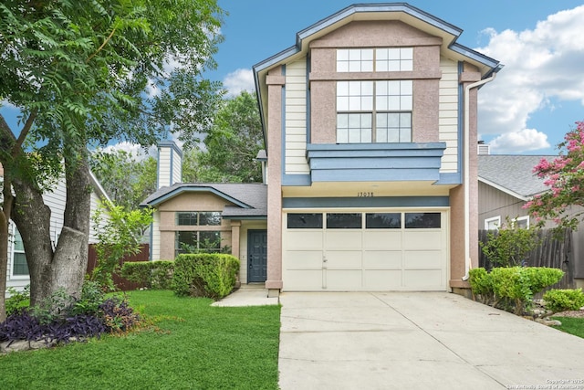 13038 Beacon Park, San Antonio, TX 78249 - view of front of home with an attached garage, concrete driveway, and a chimney