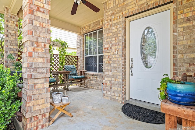 5938 Smoky Quartz, San Antonio, TX 78222 - entrance to property featuring covered porch, brick siding, and a ceiling fan