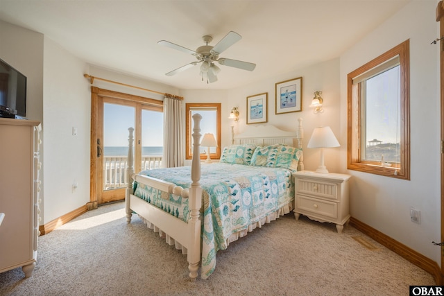 bedroom featuring ceiling fan, access to outside, baseboards, and light carpet