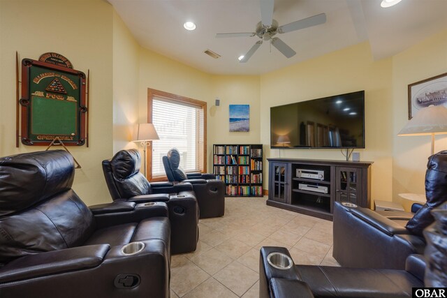 living area featuring light tile patterned floors, visible vents, recessed lighting, and a ceiling fan