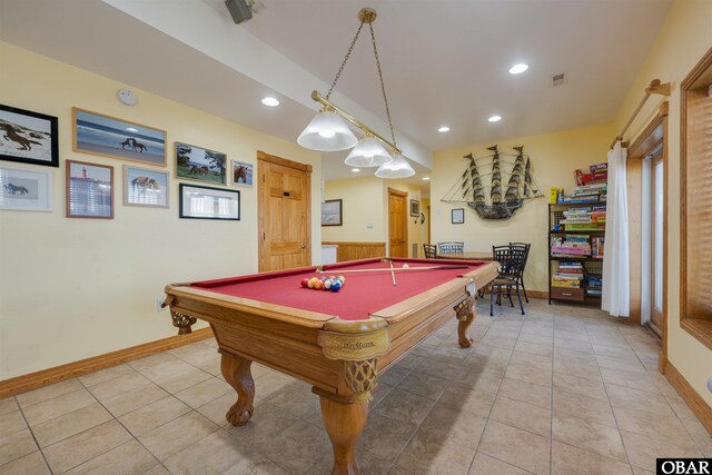 rec room with recessed lighting, baseboards, billiards, and light tile patterned floors