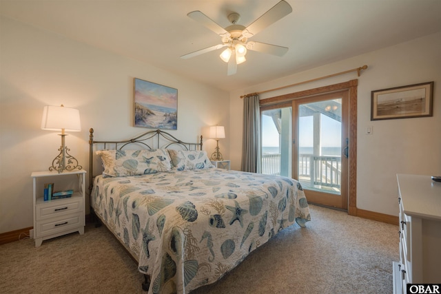 bedroom with light colored carpet, ceiling fan, baseboards, and access to outside