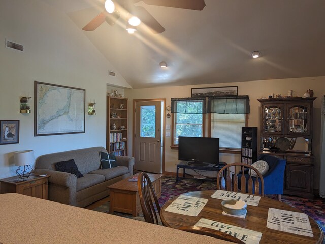 52 Fish Camp Lane Lot# 94& P95, Ocracoke, NC 27960 - living room featuring a ceiling fan and high vaulted ceiling