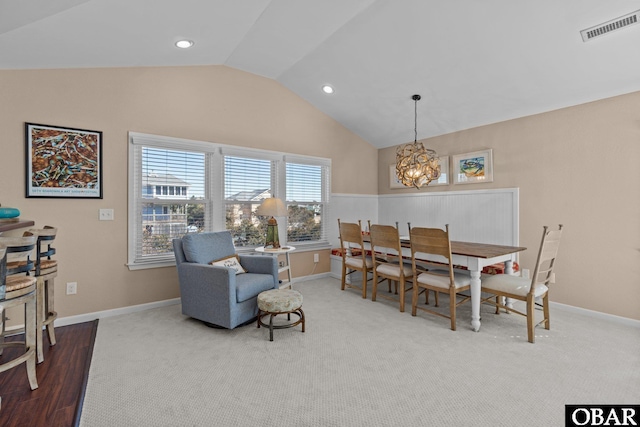 dining room featuring recessed lighting, visible vents, vaulted ceiling, and baseboards