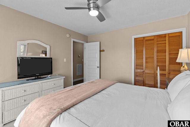 bedroom with a closet, visible vents, and a ceiling fan