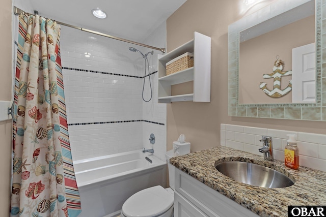 bathroom with decorative backsplash, toilet, shower / tub combo with curtain, vanity, and recessed lighting