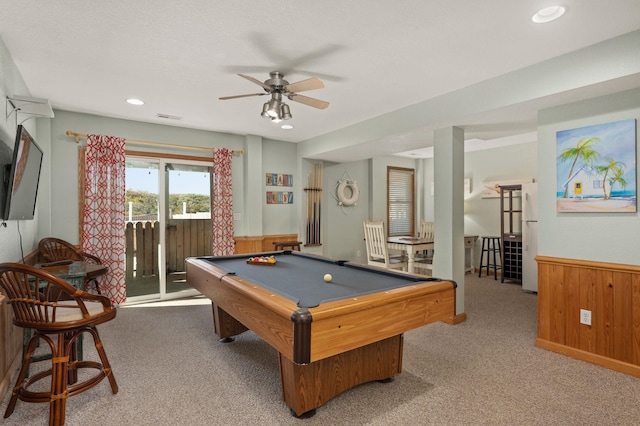 game room with carpet, a wainscoted wall, wood walls, and recessed lighting