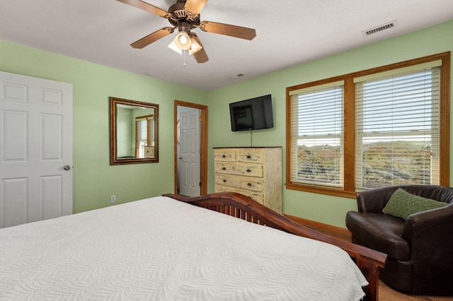 bedroom featuring a ceiling fan and visible vents