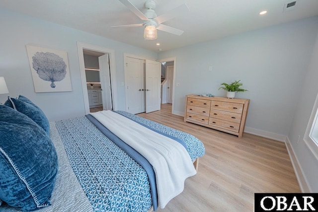 224 W Lost Colony Dr Lot 13, Nags Head, NC 27959 - bedroom with light wood-style flooring, recessed lighting, ensuite bath, and a ceiling fan
