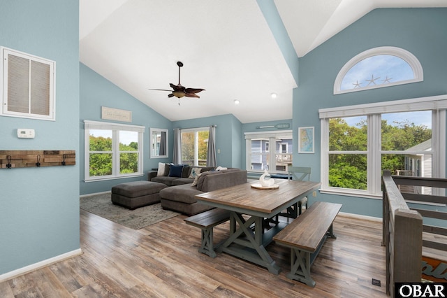 740 E Willet Ct Lot 54, Corolla, NC 27927 - dining space featuring ceiling fan, visible vents, wood finished floors, high vaulted ceiling, and baseboards