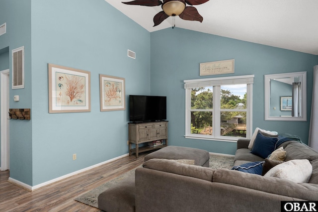 740 E Willet Ct Lot 54, Corolla, NC 27927 - living area with a ceiling fan, high vaulted ceiling, visible vents, and wood finished floors