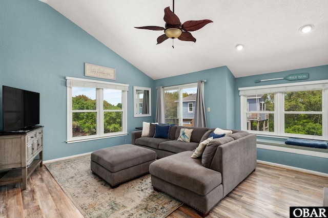 740 E Willet Ct Lot 54, Corolla, NC 27927 - living area with a ceiling fan, wood finished floors, baseboards, high vaulted ceiling, and recessed lighting