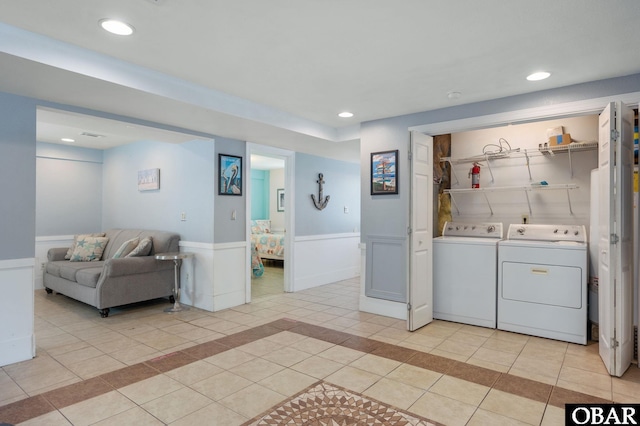740 E Willet Ct Lot 54, Corolla, NC 27927 - laundry room featuring laundry area, recessed lighting, a wainscoted wall, separate washer and dryer, and light tile patterned floors