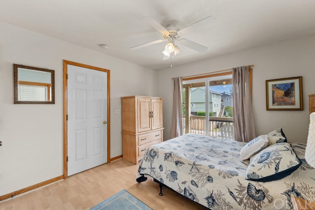 bedroom with baseboards, ceiling fan, light wood-style flooring, and access to exterior