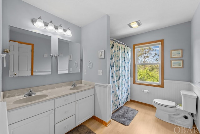 full bath featuring double vanity, wainscoting, a sink, and wood finished floors