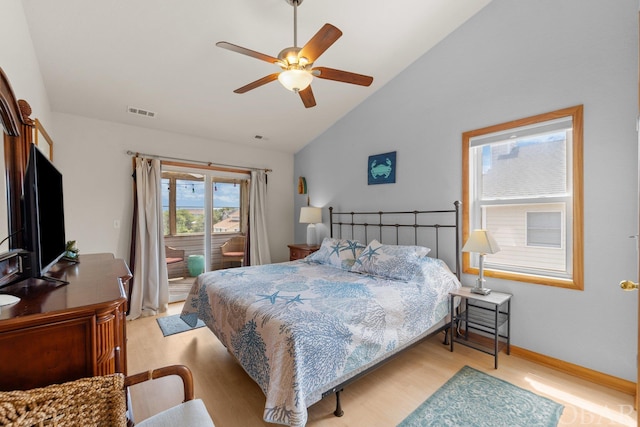 bedroom with lofted ceiling, visible vents, light wood-style floors, access to outside, and baseboards