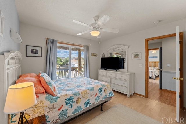 bedroom featuring ceiling fan, access to outside, a textured ceiling, and light wood-style flooring