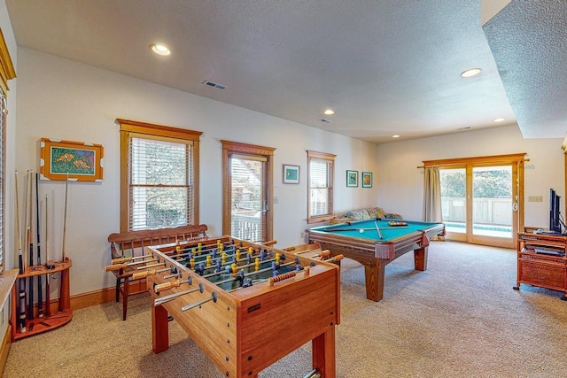 46065 Cape Point Way Lot 58, Buxton, NC 27920 - game room with recessed lighting, pool table, plenty of natural light, light carpet, and a textured ceiling