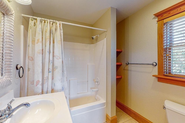 46065 Cape Point Way Lot 58, Buxton, NC 27920 - full bath with toilet, shower / tub combo, a sink, tile patterned flooring, and baseboards