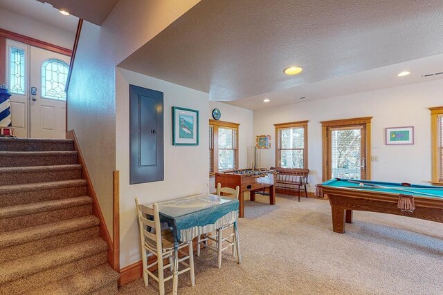 46065 Cape Point Way Lot 58, Buxton, NC 27920 - playroom featuring electric panel, light carpet, a textured ceiling, baseboards, and billiards table