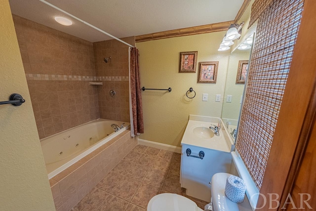 full bathroom with baseboards, toilet, a combined bath / shower with jetted tub, tile patterned flooring, and vanity