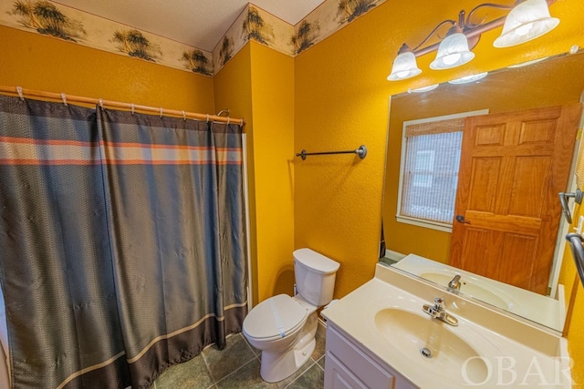 full bathroom with a textured wall, toilet, tile patterned flooring, vanity, and a shower with curtain